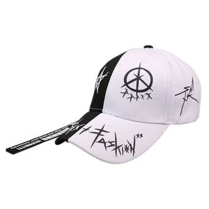 Close-up of graffiti star patterns and long adjustable decorative strap on baseball cap