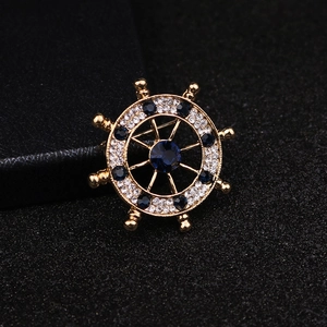 British style golden ship wheel brooch with blue and white crystals for men's suits