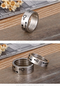 Détail de la bague en acier inoxydable avec symboles de genre gravés sur surface polie