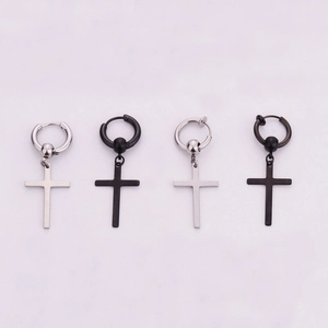 Polished stainless steel cross pendant earrings in black and silver finishes