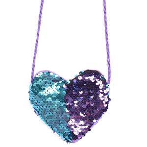 Detail of heart-shaped sequin mini bag in purple and teal with adjustable strap