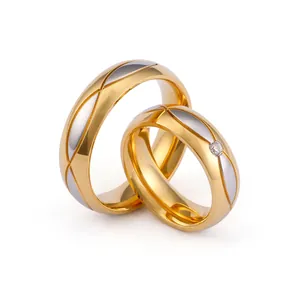 Anelli Di Coppia In Acciaio Inossidabile Placcato Oro 18K Bicolore Trapuntato Geometrico Intarsio Di Zircone Gioielli Promessa
