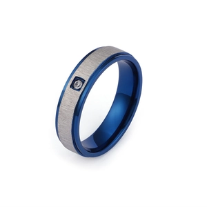 Minimalist titanium steel ring with blue inner plating, brushed silver surface and single diamond
