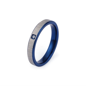 Minimalist blue frosted titanium steel ring with single zircon inlay and brushed finish