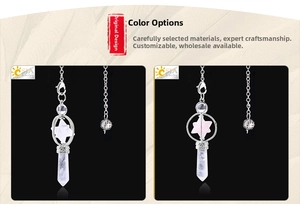 Detailed view of rotating Merkaba pendants in clear quartz and rose quartz options