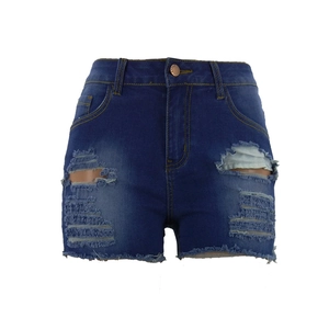Blaue Jeansshorts mit hoher Taille, Distressed-Details und rohen Fransensäumen