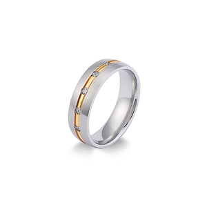 Frosted stainless steel couple ring with gold-plated groove and inset small zircons