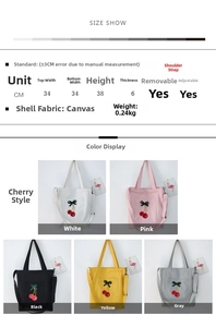Size chart showing canvas tote bag dimensions and five colors with cherry embroidery