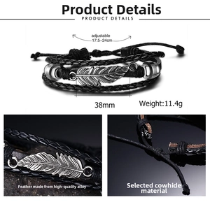 Detail of adjustable black leather bracelet with 38mm silver leaf and bead ornaments