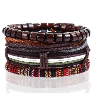 Retro vintage 4-piece woven bracelet set with wooden beads and ethnic fabric patterns