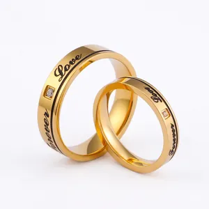 Bague Gravée Forever Love Plaqué Or 18K Acier Titane Zircone Cubique Bijoux Mode Hommes Femmes