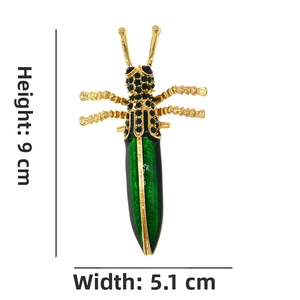 Detailed size chart of colorful insect grasshopper brooch, 9cm high and 5.1cm wide