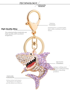 Detail showing shark keychain made of golden alloy with purple and white rhinestones