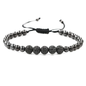 Handmade braided adjustable bracelet with black micro-pave zircon beads for men