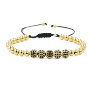 Men's gold plated bead bracelet with black zircon micro-pave balls and adjustable cord