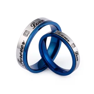 Forever Love Engraved Couple Rings Stainless Steel Blue Silver Two Tone Zircon Band For Lovers Wedding Promise