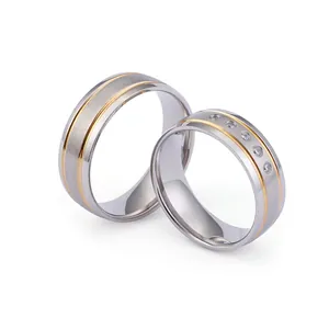 Brushed Stainless Steel Couple Rings Two Tone Gold And Silver Cubic Zirconia Inlaid Wedding Band For Men And Women