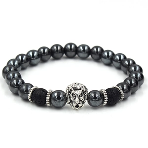 Detail showing carved silver lion head and hematite beads on this beaded bracelet