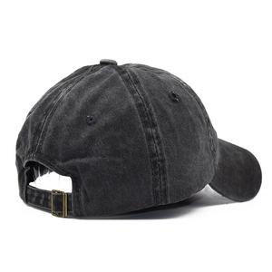 Retro washed denim baseball cap in dark grey featuring an adjustable metal buckle back