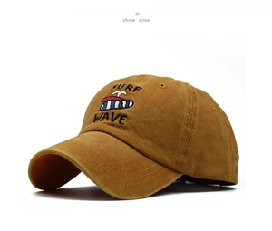 Detail of embroidered SURF WAVE logo and surfboards on washed cotton baseball cap