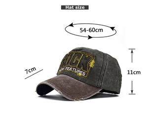 Detailed view of vintage washed cotton baseball cap with ROCK embroidery and size dimensions