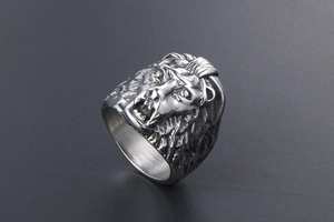 Macro detail of vintage stainless steel lion head ring with embossed facial features