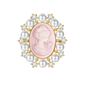 Vintage Victorian cameo brooch with pink relief portrait and pearl zircon gold frame
