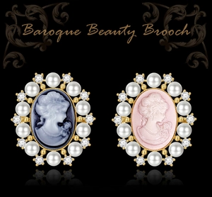 Macro detail of Victorian cameo brooch with pearls and zircons in gold-plated setting