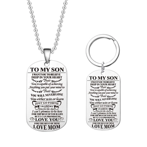 Titanium steel dog tag necklace and keychain set with heartfelt message for son from mom