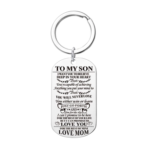 Detailed engraving on silver stainless steel dog tag keychain for son from mom