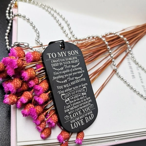Detailed engraving 'To My Son' on black titanium military dog tag necklace with silver chain