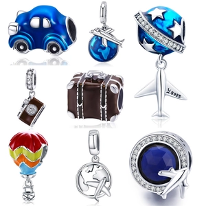 Travel Series Charms 925 Sterling Silver Enamel Zircon Beads Airplane Globe Camera Hot Air Balloon Style For DIY
