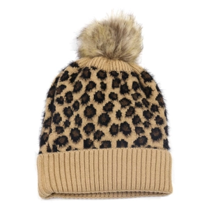 Leopard Print Knit Beanie Hat With Faux Fur Pom Pom Warm Thickened Winter Outdoor For Women
