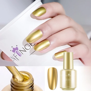 Macro detail of gold metallic mirror nail polish showing brush texture and 8ml bottle