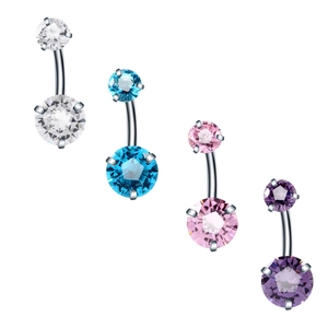 Set of four stainless steel belly rings with colorful zircon gems in pink, blue, white, and purple