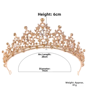 Golden bridal tiara detail with 6cm height and 14cm diameter dimensions in detail view