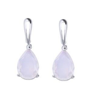 Macro detail of silver drop earrings with pear-cut opal stones and oval hooks