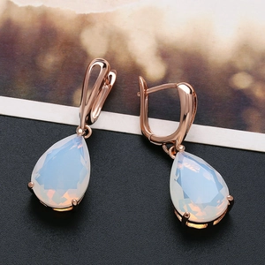 Tear Drop Earrings Pear Shaped Milky White Opal Stone Rose Gold Plated Leverback Dainty Elegant Banquet Jewelry Women