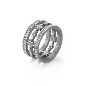 Multi-layer silver stainless steel star ring featuring sparkling cubic zirconia pavé bands