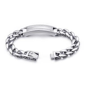 Men's stainless steel dragon bone bracelet with curved zircon inlaid plaque