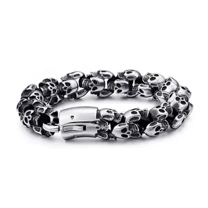 Men Skull Bracelet 316L Stainless Steel Heavy Punk Gothic Biker Jewelry Vintage Silver Black Metal Link Chain