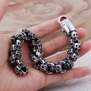 Punk style stainless steel skull link bracelet for men with vintage silver finish