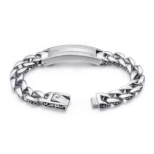 Mens stainless steel Cuban chain bracelet with curved zircon inlaid ID plate decoration