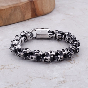 Gothic punk skull link bracelet in vintage silver stainless steel for men