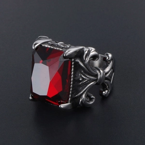 Vintage titanium steel ring with rectangular red zircon and gothic floral engravings