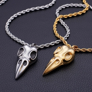 Gothic raven skull pendant necklaces in gold and silver finish on black leather