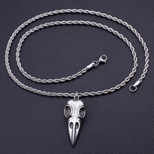 Gothic vintage stainless steel bird skull pendant with silver rope chain for men