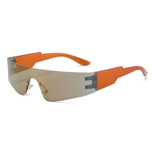 Frameless oversized Y2K punk sunglasses with orange temples and brown gradient shield lens