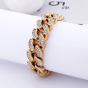 Iced out gold Cuban link bracelet for hip hop style featuring sparkling pave crystals