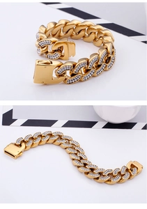 Detailed view of gold Cuban link bracelet encrusted with white sparkling zircons